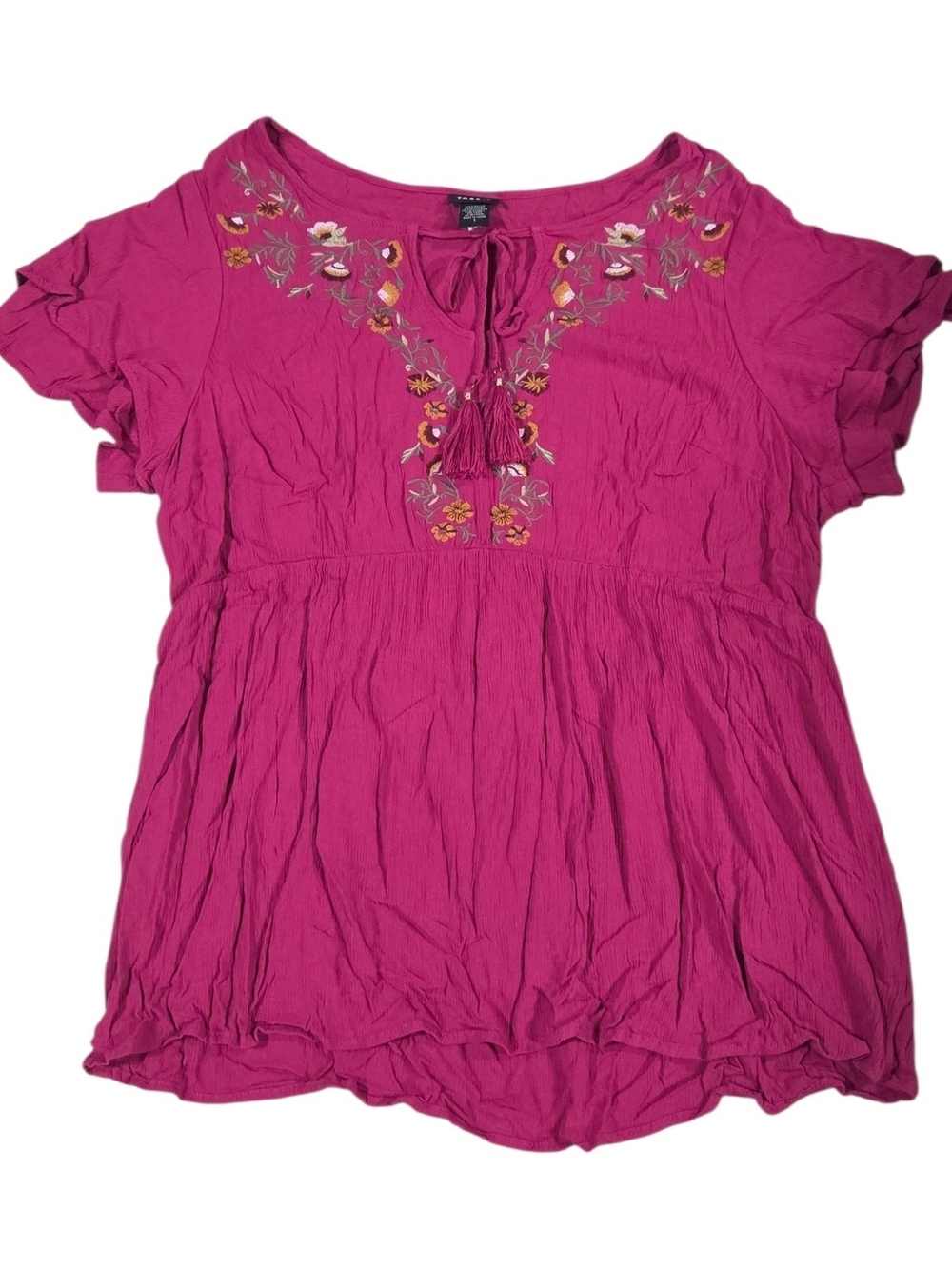 torrid Magenta Embroidered Tie-Front Peasant Tunic
